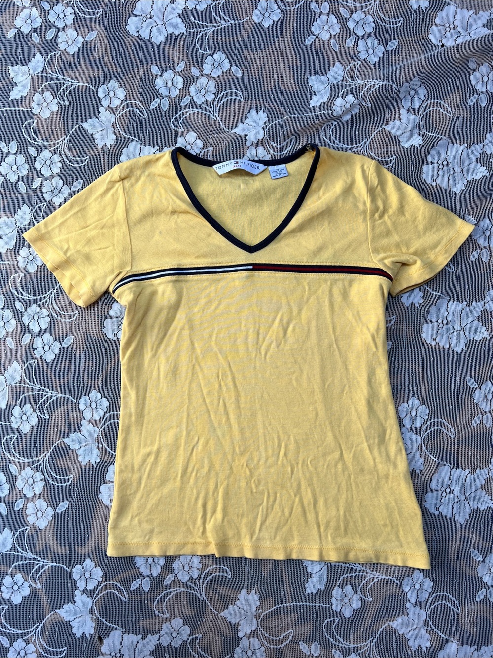 Tommy Hilfiger Yellow V-Neck Short Sleeve Top with Stripe Detail